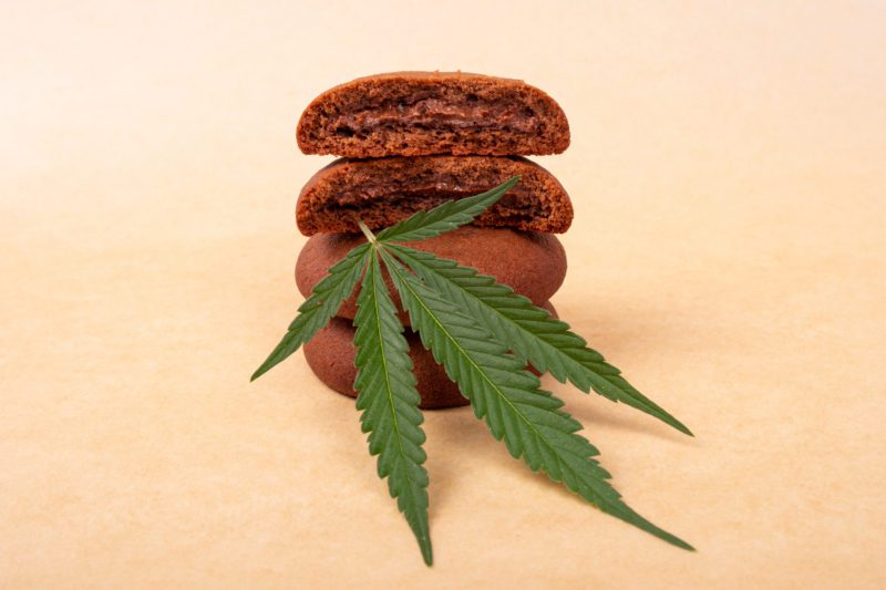 chocolate chip cookies with green leaf marijuana plant. sweets with cannabis, stack of cookies.